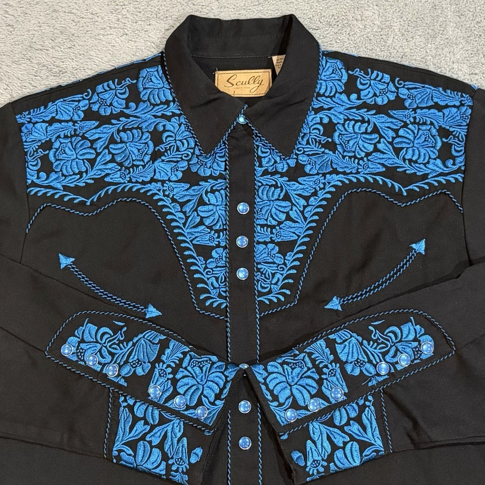 Scully Men's L Western Pearl Snap Shirt Black Blue Embroidery Cowboy Rodeo